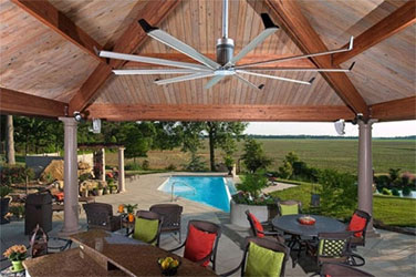 A ceiling fan in an outdoor patio.