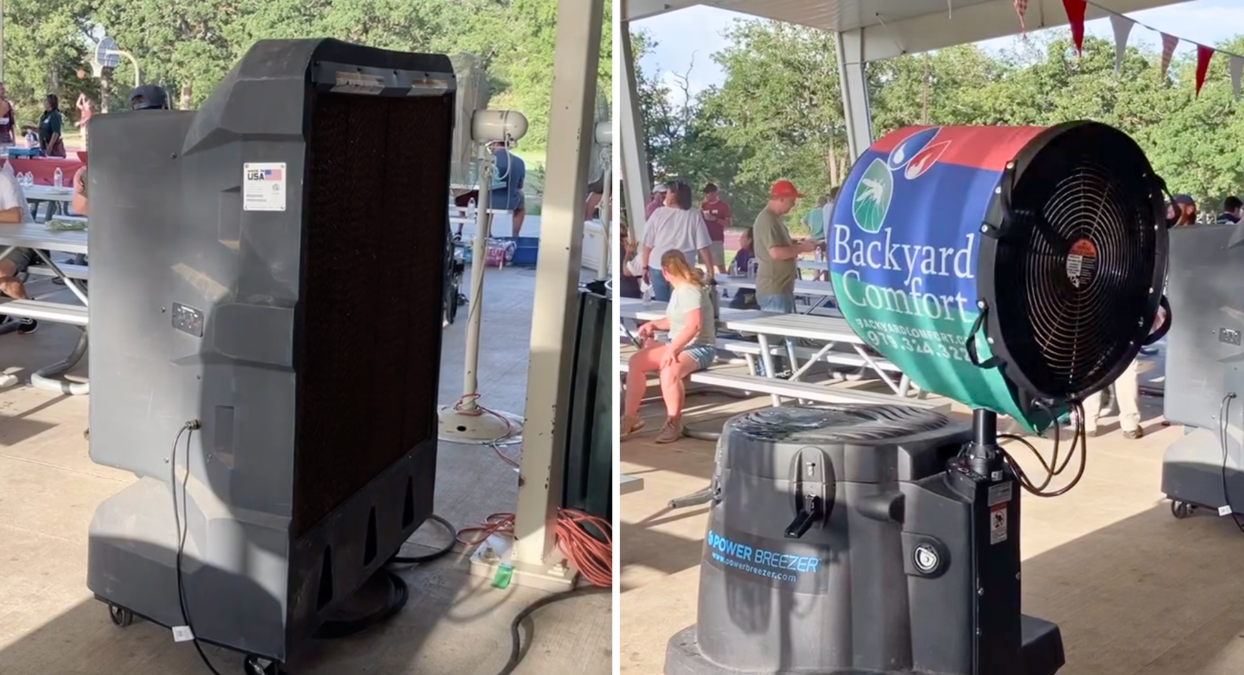 Split Image of Outdoor portable cooling fans set at a tailgate event and a wedding on a hot day cooling off a crowd of people. The left fan is a Portacool while the right one is a Power Breezer with the fan wrapped in a banner that says Backyard Comfort in white letters over a red, blue and green background. - College Station Outdoor Cooling Fan Rentals for Events | Backyard Comfort and Pest Control